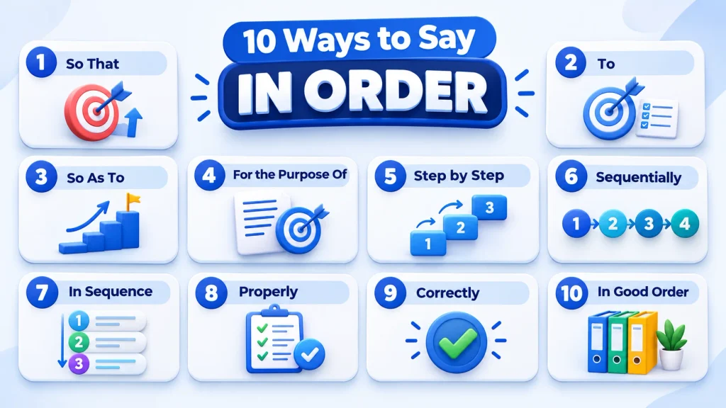 10 alternatives to say in order for purpose, sequence, and correct usage