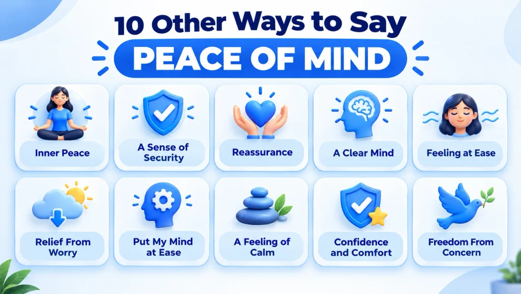 10 alternatives to peace of mind, including inner peace, reassurance, and a sense of security