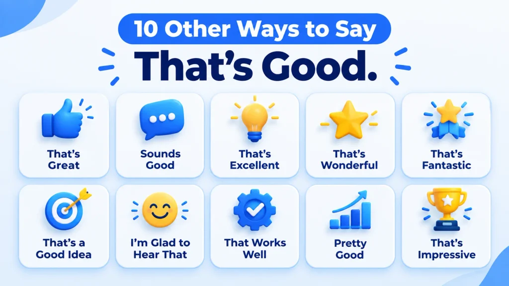 10 alternatives to that's good, including that's great, sounds good, and that's excellent