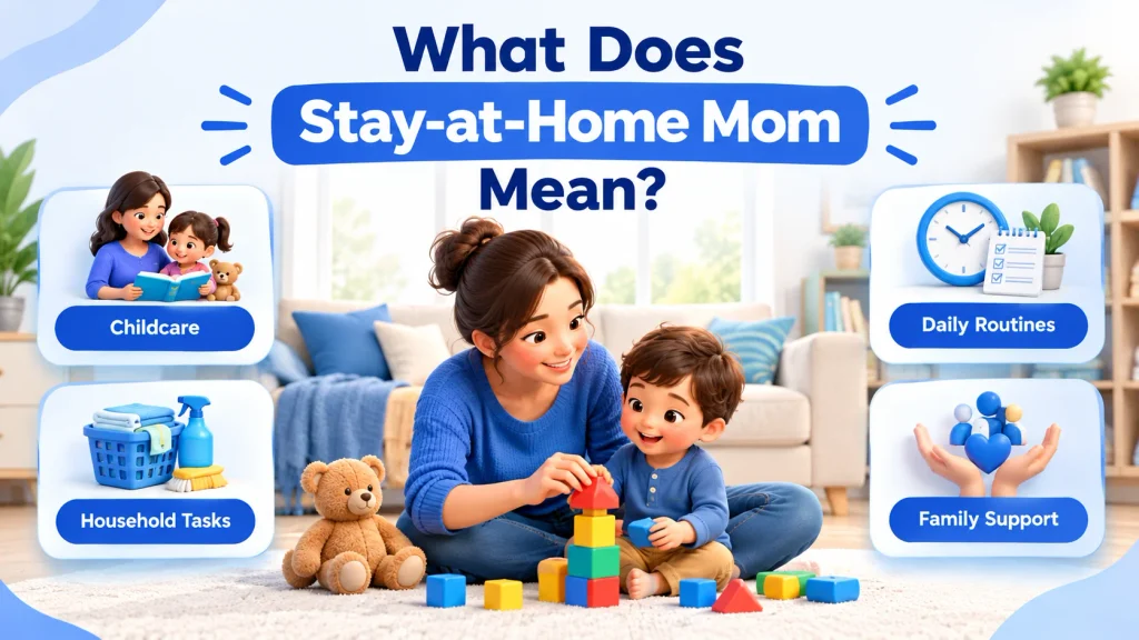 Illustration of a mother caring for her child and managing daily family routines at home