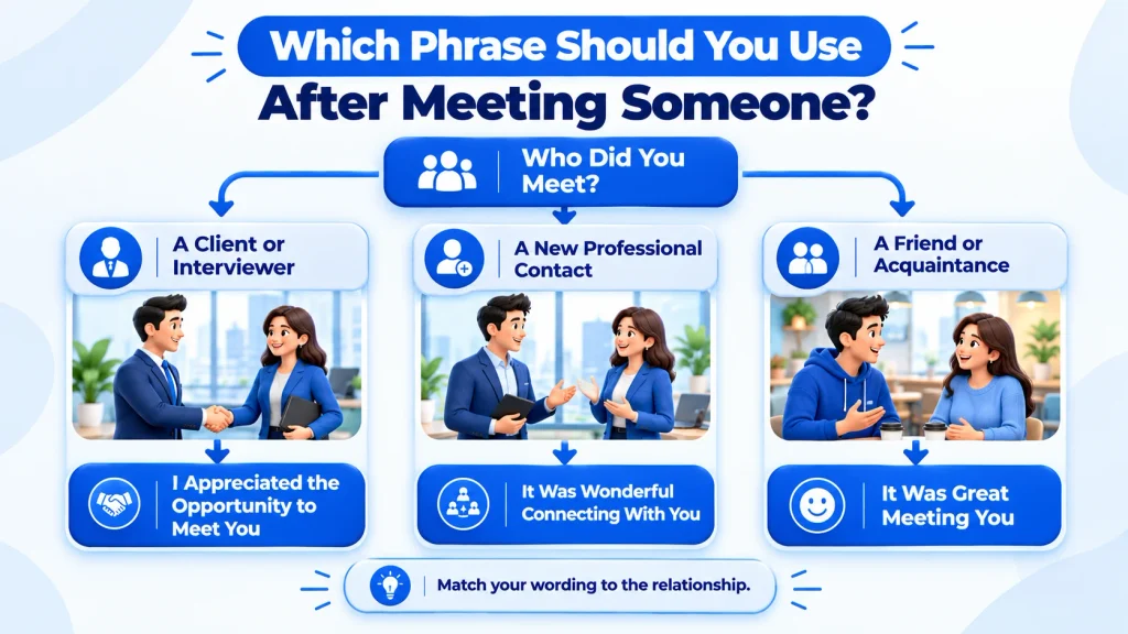 Decision tree for choosing a professional, formal, or friendly way to say it was a pleasure meeting you.
