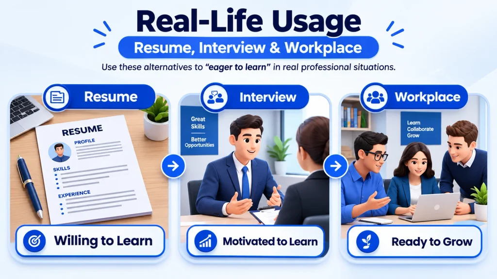 Real-life examples of alternatives to eager to learn in professional communication
