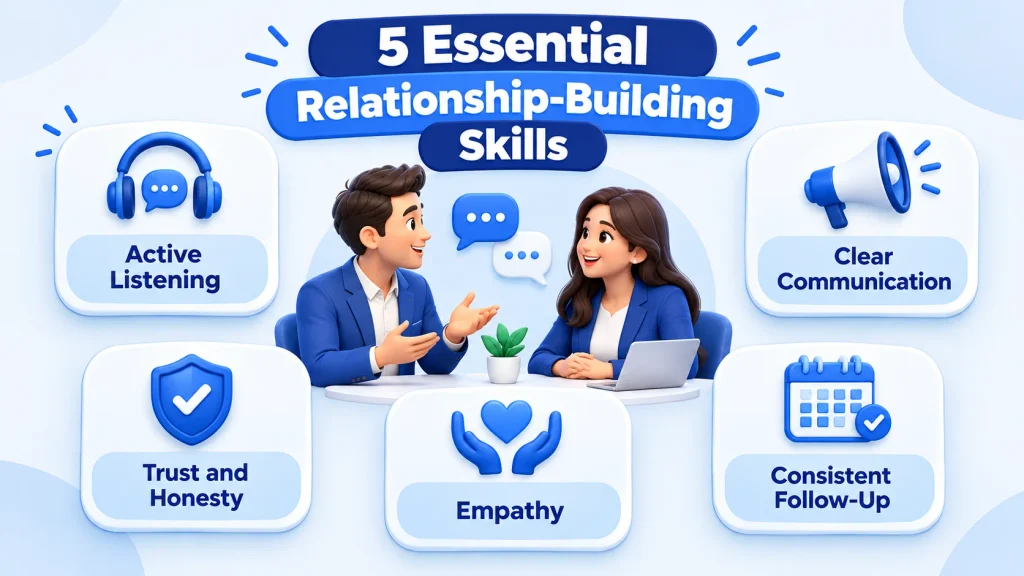 Essential relationship-building skills including active listening, trust, communication, empathy, and teamwork.