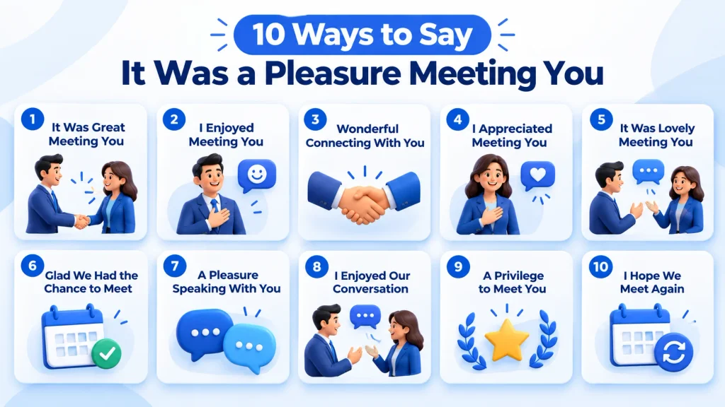 10 alternatives to say it was a pleasure meeting you in professional and casual conversations.