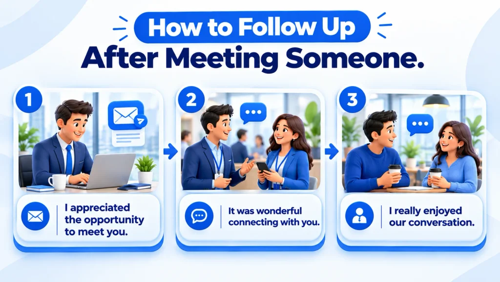 Real-life examples of follow-up messages after a professional meeting or friendly conversation