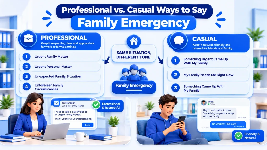 Professional and casual alternatives to saying family emergency