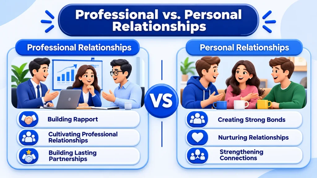 Comparison of professional and personal relationship building with suitable phrases for each setting