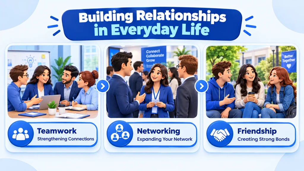 Real-life examples of building relationships through workplace teamwork, professional networking, and friendship