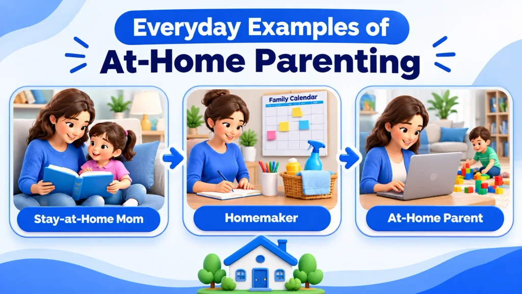 Real-life examples of a stay-at-home mom caring for children, organizing routines, and working from home