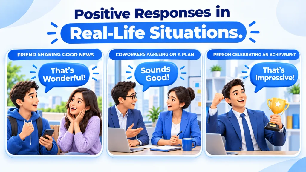 Examples of positive English responses in conversations with friends, coworkers, and people sharing good news